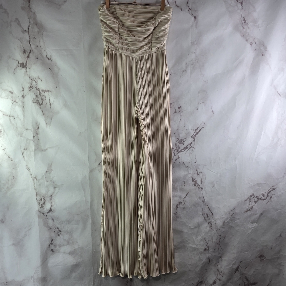 Rare London Jumpsuit Womens 2 XS Pink Strapless Tube Slinky Flare Champagne